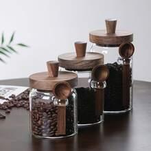 3pcs Transparent Glass Jars With Wooden Lids And Spoons, Household Storage Containers For Coffee Beans, Dried Fruits, Snacks, Glass And Wooden Material, Decorative Kitchen Storage Style, Transparent Jar Pattern, Suitable For Tea, Nuts, Sugar, Salt Food Storage Jars, Practical Countertop Storage - Multicolor - View 10