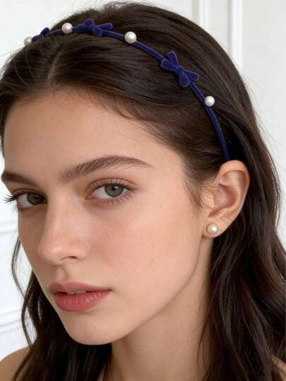 1件装女士纯色植绒金属蝴蝶结仿珍珠精致蝴蝶结发箍，优雅甜美校园风，适合派对、晚宴、日常佩戴、秋冬季节，发箍，发圈，女士时尚甜美优雅发饰，发饰，适合居家、学校、海边等日常佩戴