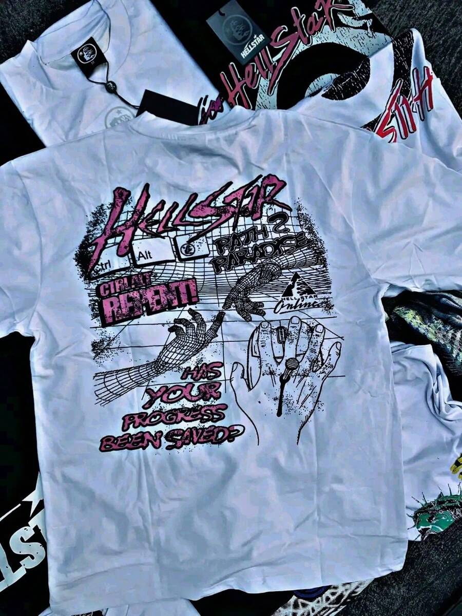 Hellstars Path 2 Paradise Progress Saved Retro Graphic T-Shirt,220g 100% Cotton,Round Neck Short Sleeve,White Streetwear Essential,Unisex Style - 白色 - 查看 1