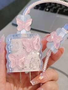 5pcs/Set Resin Pink Wavy Butterfly Cable Protector Sleeves, Suitable Compatible With Apple Data Cables, 20W Fast Charger Adapter Covers - Multicolor - View 5