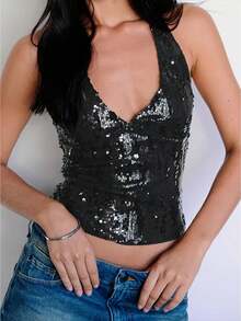 Women's Summer Solid Sequin Halter Deep V Neck Backless Slim Fit Tank Tops  Soft Top For Party  Date - Black - View 1