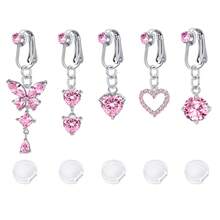 5件装蝴蝶心形爱心立方氧化锆假肚脐环，女士假肚脐环，夹式肚脐环，假肚脐环，无需穿孔饰品，附赠5个硅胶垫 - 彩色 - 查看 12