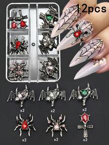 一盒12个邪眼美甲饰品，哥特暗黑风格，包括邪眼、蜘蛛、蝙蝠等图案，Y2K美甲配件，个性化美甲贴纸，DIY美甲宝石，美甲用品 - 彩色 - 查看 9