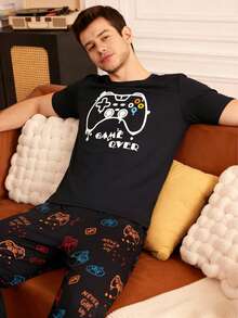 Bộ đồ ngủ mùa hè dành cho nam, kiểu dáng thường ngày, gồm áo thun ngắn tay cổ tròn in họa tiết và quần dài. - Nhiều màu - Xem 5