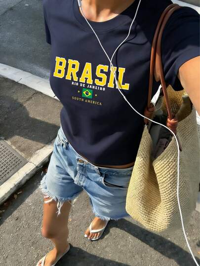 Y2K Brazil Flag Graphic Casual T-Shirt, Women, Sports Street Style Slogan Tee, Short Sleeve Tops