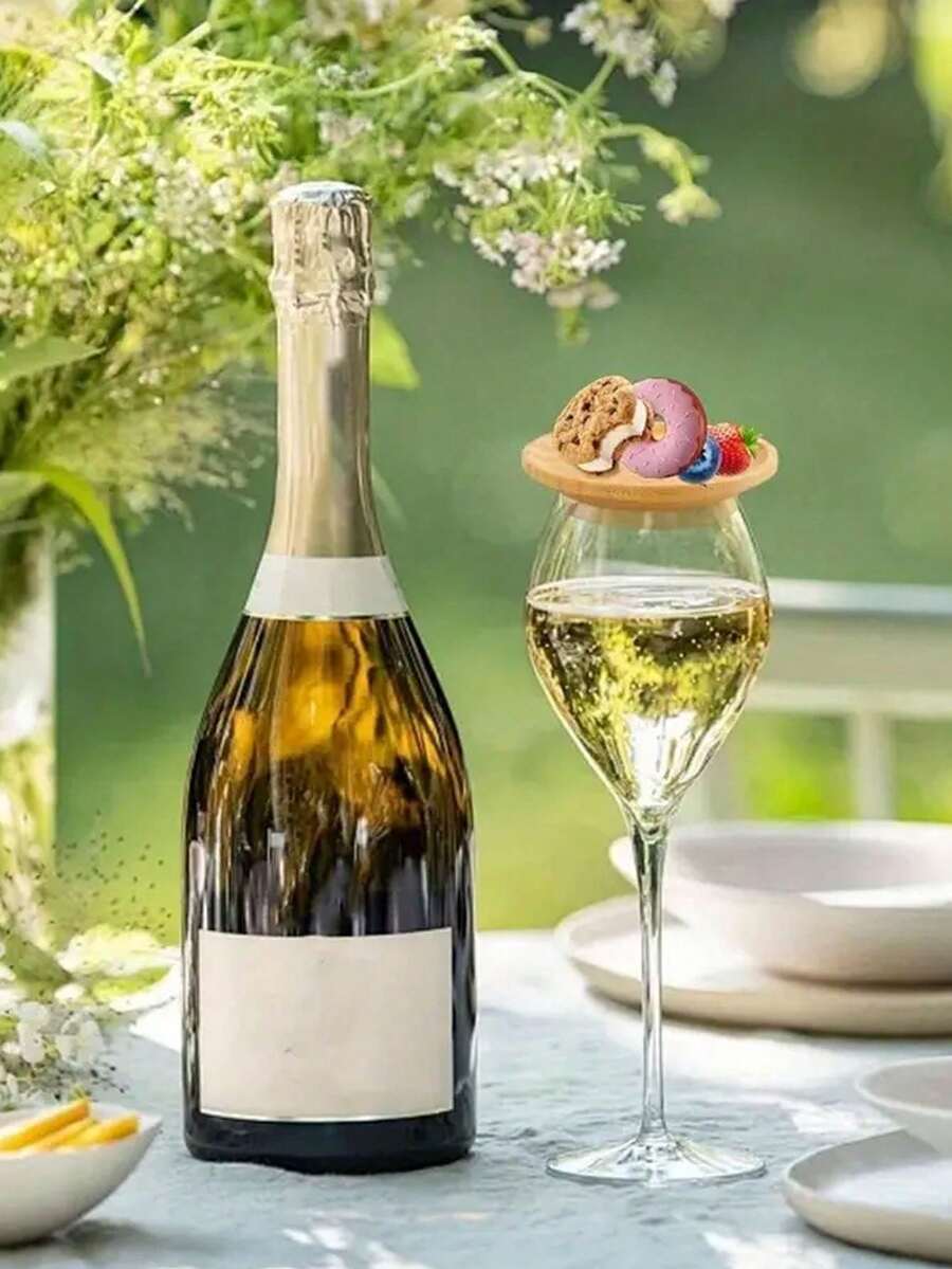 Bamboo Wine Glass Lid, Multi-Purpose Party Dessert Board, Leak-Proof Round Bamboo Wood Wine Glass Cover - Multicolor - View 1