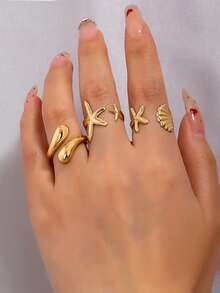 3pcs Minimalist Gold-Tone Beach Vacation Theme Starfish Shell Water Drop Thick Solid Metal Rings Set, Suitable For Women, Chunky Smooth Matte Finish Heavy Alloy Material Rings Set - Yellow Gold - View 1