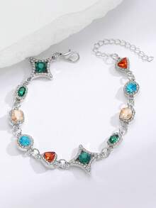 1 Peça Pulseira Minimalista e Fashionista Multicolorida em Formato de Coração (Cor de Vidro Embutida Aleatória) - Prata - Visão 6