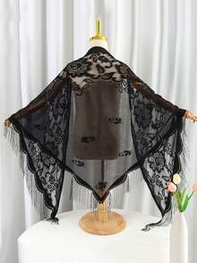 1件装女士新款蕾丝流苏披肩围巾，轻盈透气纯色三角围巾，可作头巾，适用于连衣裙、婚礼、派对、伴娘等场合 - 黑色 - 查看 2