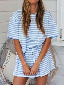 2pcs/Set Striped Casual Short Sleeve-Shirt And Tassel Shorts, Suitable Beach, Sports, Home, Street, All Seasons Summer - Blue - View 4