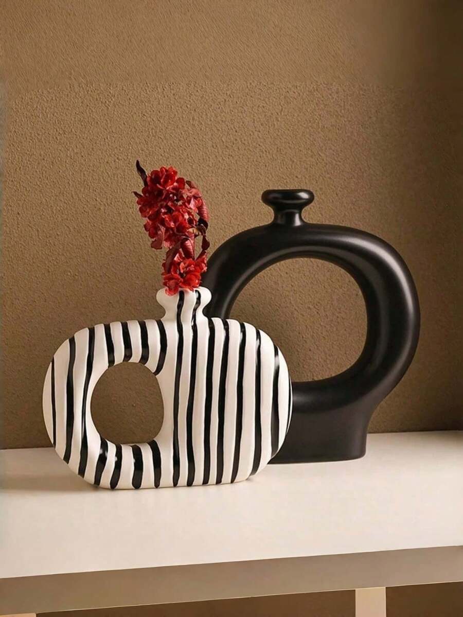 1 Set Modern Minimalist Black & White Resin Vase - Minimalist Hollow Geometric Decor, Suitable For Boho Style Living Room, Bathroom, Office And Entryway; Abstract Striped Vase For Dried Or Fresh Flowers - Multiple Styles - View 1