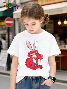 Disney Official Licensed Easter Ariel Bunny Ear Graphic Girls Cute Short Sleeve T-Shirt Soft Breathable Perfect For Daily Wear Playdates And Holiday Gatherings - White - View 2
