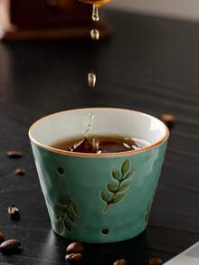 1 Juego de taza de té, taza de café, juego de tazas de té, taza de postre/pudín con diseño de hojas verdes, taza con agarre, taza de té personal creativa, taza anti-derrames, pintada a mano en cerámica - Multicolor - Ver 8