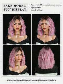 7JHH WIGS Short Wavy Ombre Pink Wigs For Women 14 Inch Shoulder Length Bob Curly Wavy Middle Part Wigs With Curtain Bangs Dark Roots, Natural Synthetic Heat-Resistant Fiber Hair For Daily Cosplay Party Use ( Straight Hair Ends ) - Pink - View 6