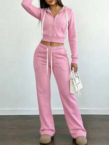 Valentine's Day, Loungewear Outfit, Gifts For Her Women's Cozy Pink Velour Two-Piece Tracksuit Set With Cropped Zip-Up Hoodie And Wide-Leg Pants For Casual Wear - Hồng - Xem 6