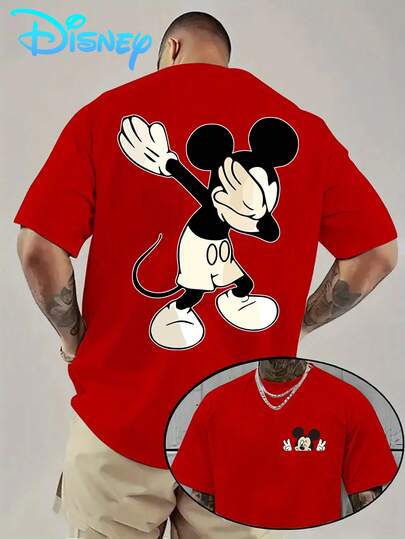  Disney Licensed - Mickey Mouse Cartoon Print Series Short-Sleeve Crew Neck T-Shirt, Unisex Summer Style, Men's Base Layer Shirt, Suitable For Daily Commuting, Men's Casual Wear, Birthday Gift, Everyday Outfit, Loose Fit, Perfect For Parties, Cool And Breathable
