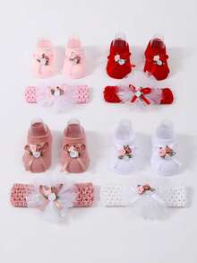 1 Set Newborn Baby Boat Socks + Headband Hair Accessories, Sweet Infant Hair Decor & Socks Combo, Suitable For Baby's First Month, Birthday Party - Multicolor - View 2