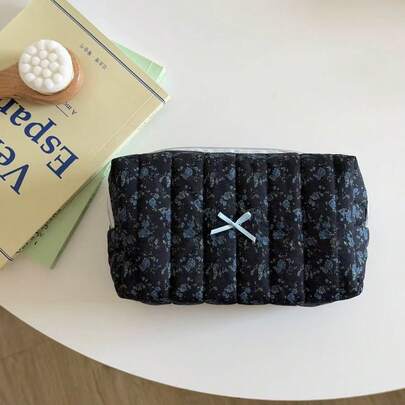 Soft Fabric Zipper Vintage Floral Quilted Minimalist Bow Zipper Portable Travel Toiletry Bag, Large Capacity Cosmetic Organizer Pouch For Daily Use, Women