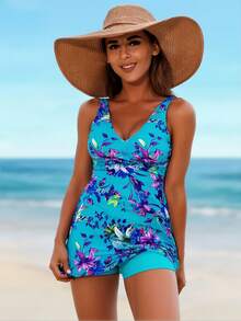Turquoise Floral Print Tankini Set With Matching Boyshorts - Màu xanh lam - Xem 4