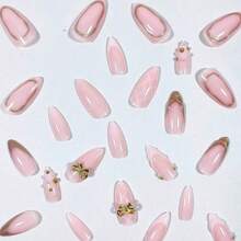 24Pcs Minimalism Style Yellow & Pink Flower Decor French Manicure Medium Almond Shaped Artificial Nail Tips, Suitable Office Ladies, Daily Wear, Dates, Afternoon Tea, Outdoor Activities Press On Nails Nail Supplies Nails - 彩色 - 查看 5