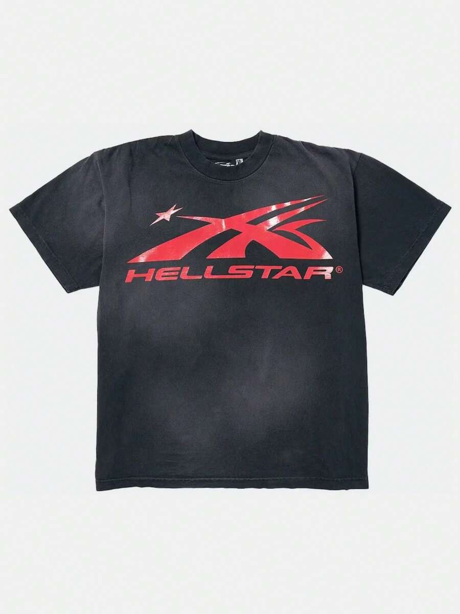 Hellstars Red X Logo Vintage Graphic T-Shirt,220g 100% Cotton,Round Neck Short Sleeve,Black Streetwear Essential For Summer Going Out,Unisex Style - 黑色 - 查看 1