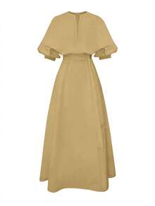Solid Plain Print Sash Belt Decor V Collar Puff Balloon Sleeve A Line Maxi Dress For Formal Banquet Wedding Holiday,Elegant/Casual/Holiday Summer - Khaki - View 6