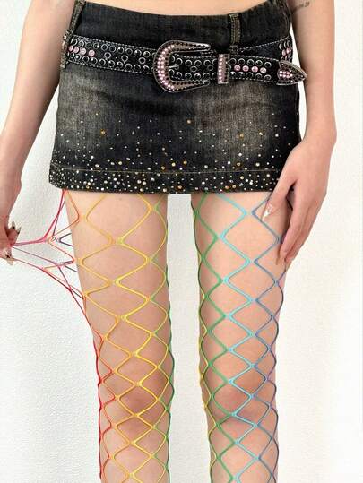 1双女士多巴胺彩虹渔网袜，连裤袜，彩虹丝袜，防勾丝，彩色渔网袜，镂空底袜