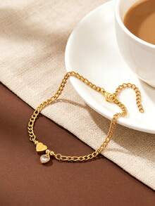 Personalized Heart Initial Bracelet With Pink Zirconia, 18K Gold Plated Figaro Chain, Custom Letter Dainty Bracelet For Her, Mother's Day Gift - Yellow Gold - View 2