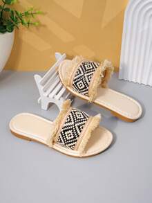 1 Pair Girls' Bohemian Frayed Woven Slide Sandals For Casual Summer Wear - Beige - View 5