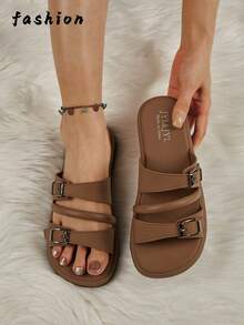 New Spring/Summer Women's Fashion Casual Double Strap Adjustable Design Breathable Non-Slip Slippers, Suitable For Beach, Home, Office, Walking, Versatile Brown Color Matching Women Sandals - Brown - View 7