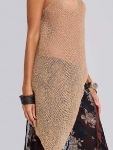 Damen Sommer Cover-Up Top, sexy halbtransparent einfarbig mit asymmetrischem Saum, 2026 Frühling/Sommer Neu, lässig, Strand, Date, Geburtstagsparty, Unabhängigkeitstag, Ostern, Sommer, sexy Strandmode Urlaub - Champagnerfarben - Übersicht 8