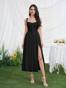 PARTHEA Đầm hai dây in hoa xếp ly có túi, đầm ngày Valentine, đầm hè cho nữ, đầm thường ngày thanh lịch màu đen. - màu đen - Xem 5
