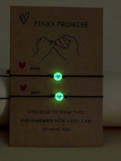 2条装夜光扁平圆形串珠手链，心形图案，可调节腕饰，适合闺蜜/情侣佩戴