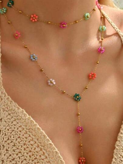 2pcs/Set New Dopamine Daisy Flower Necklace, Retro Colorful Beaded Floral Necklace Jewelry, Suitable For Vacation, Party, Holiday Gift