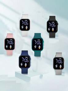 6 piezas/Set Reloj electrónico deportivo con pantalla digital y patrón de cohete de dibujos animados lindo para niños y niñas, múltiples opciones de color, adecuado para uso diario y fiestas - Multicolor - Ver 9