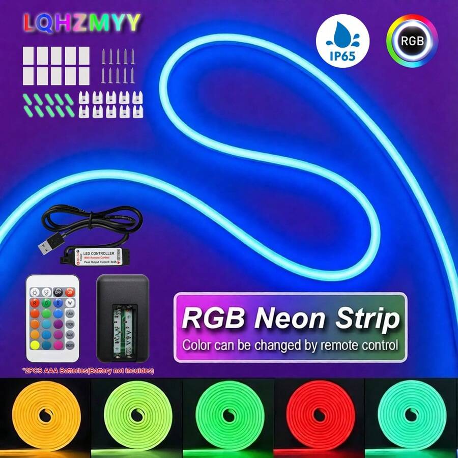 Tira de luz LED neón RGB alimentada por USB - Cambio de color, regulable, con control remoto, adecuada para dormitorio, TV, resistente al agua IP65, decoración de caravana - RGB - Ver 1