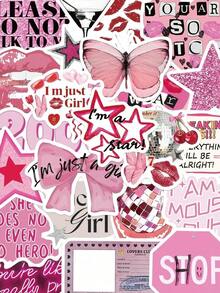 50Pcs Pink Y2K Girls Stickers Waterproof PVC Gift Cartoon Decoration Scrapbook Laptop Luggage Guitar Water Cup Phone Case DIY Decal, School Supplies,Back To School - 粉紅色 - 查看 1