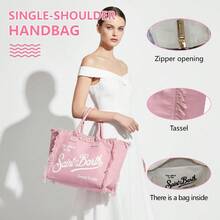 Canvas Bag With Tassels And Lettering, Large Women's Handbag, Leopard Print Shoulder Bag - Hồng - Xem 2