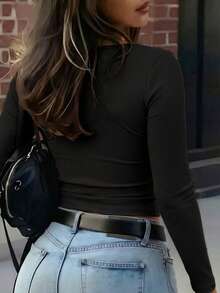 Ladies Ribbed Knit Chest Cutout Long Sleeve Top, Elegant Slim Fit Basic Tee For Daily Wear,All Season - Black - View 2