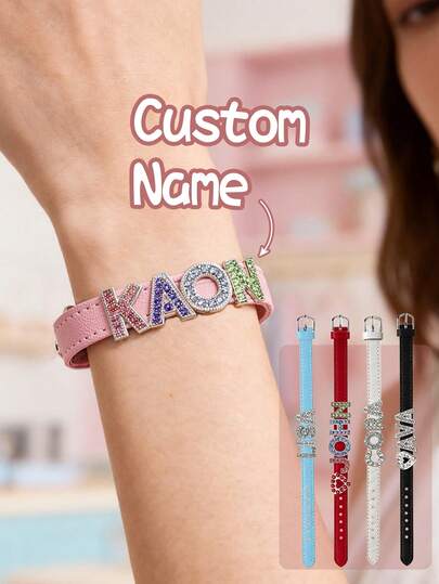 Custom Rhinestone Letter Wristbands,Personalized Leather Wristband,Customized Name Wristbands For Women,Customizable Name Bracelets,Birthday Gifts,Wedding Gifts,Stainless Steel,Sequins, Wristbands,Fashion Decorations, Valentine's Day,Mother's Day,Anniversary,Men,Women,Bridesmaids,Girlfriends,Fathers,Delicate Romance,Silver Stylish
