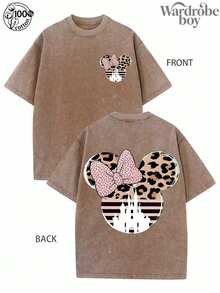 Disney Mouse Printed Wash Water T-Shirt, Double-Sided Printed T-Shirt,  Cool Retro Style T-Shirt, Family Travel And Vacation Style T-Shirt,Unisex,High-Quality Pure Cotton T-Shirt,Suitable For All Seasons, Comfortable And Breathable| Exquisite Design | The Best Choice For Giving Gifts - 卡其色 - 查看 1