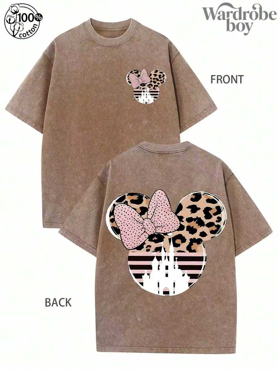 Disney Mouse Printed Wash Water T-Shirt, Double-Sided Printed T-Shirt,  Cool Retro Style T-Shirt, Family Travel And Vacation Style T-Shirt,Unisex,High-Quality Pure Cotton T-Shirt,Suitable For All Seasons, Comfortable And Breathable| Exquisite Design | The Best Choice For Giving Gifts - 卡其色 - 查看 1