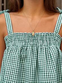 Picnic Solid Color Plaid Cropped Top, Versatile Casual Camisole For Summer Outings, Beach Vacation Essentials, Relaxed Fit - Green - View 3