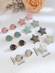4 Pairs Women Assorted Dangle Earrings Set, Starfish, Star, Round, Moon, Heart Shaped Earrings, Star Stripe Earring Set, Summer Beach Jewelry, Colorful Gold Earrings, High-End Versatile New Teardrop Earrings, Suitable For Wedding Occasions - Multicolor - View 2