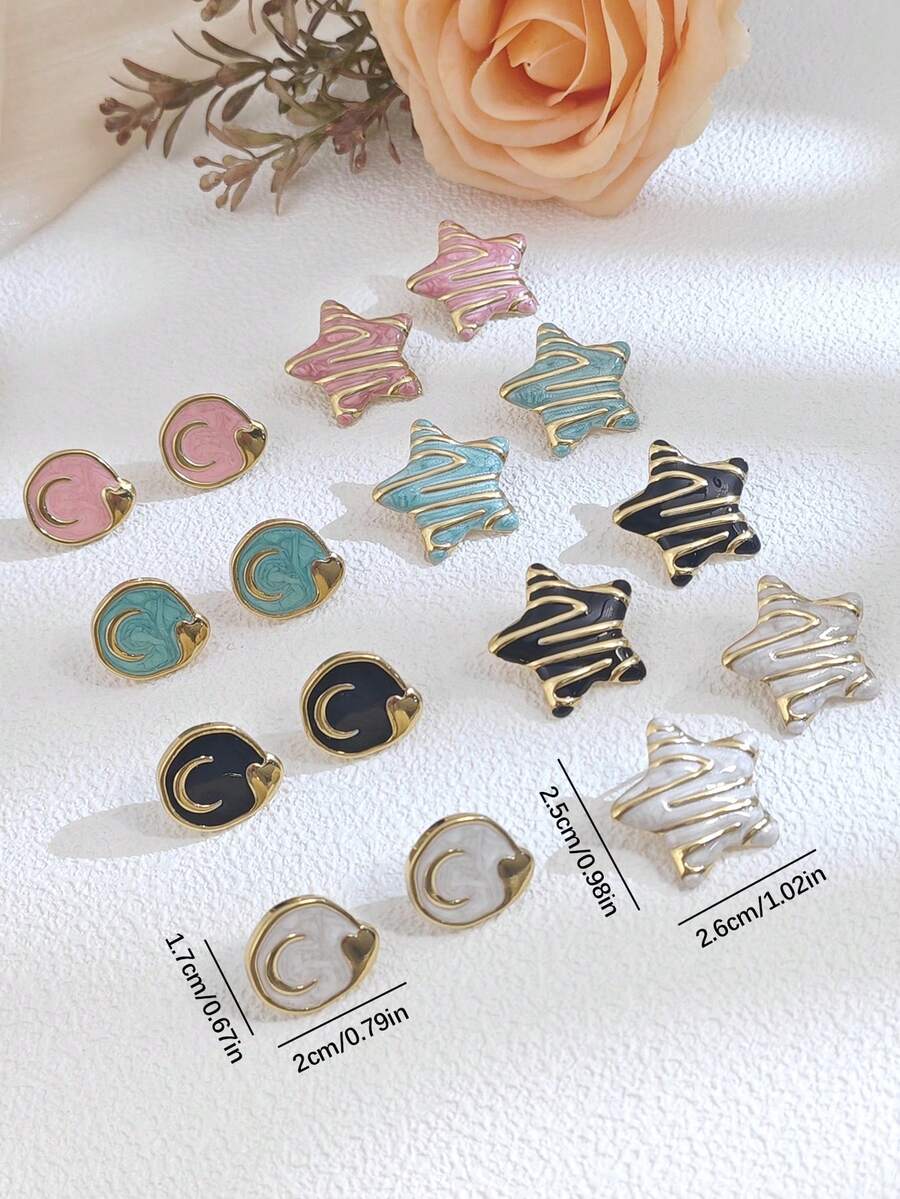 4 Pairs Women Assorted Dangle Earrings Set, Starfish, Star, Round, Moon, Heart Shaped Earrings, Star Stripe Earring Set, Summer Beach Jewelry, Colorful Gold Earrings, High-End Versatile New Teardrop Earrings, Suitable For Wedding Occasions