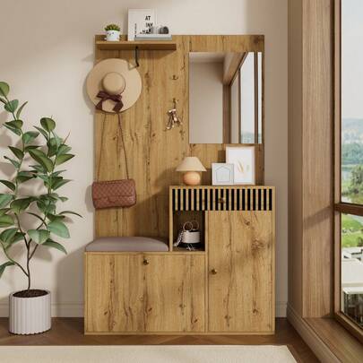 Compact Wardrobe, Bathroom Cabinet With Mirror And Padded Backrest, Shoe Cabinet For Hallway And Porch, (W X H X D): 110 X 185.5 X 37 Cm