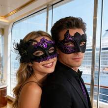 Couple Masquerade Ball Mask Set, Elegant Venetian Party Mask For Christmas, Halloween, Carnival Costume Party, Romantic Glitter Black & Purple Mask For Men And Women - Black and Purple - View 10