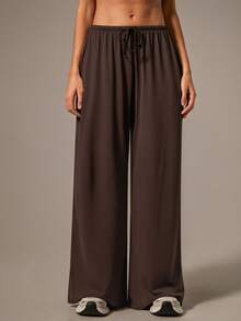 NcmRyu 1pc Women Solid Color Drawstring Elastic Waist Wide Leg Relaxed Fit Pockets Sports Pants - Coffee Brown - View 4