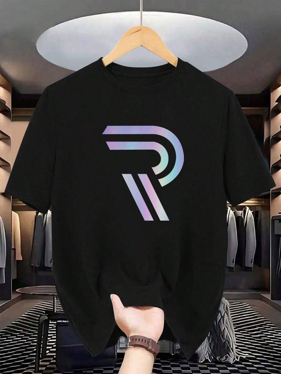 populares de la nueva temporada 2026 Manfinity Dauomo Letter R Graphic Colorful Print Casual Men T-Shirt - Negro 2 - Ver 1