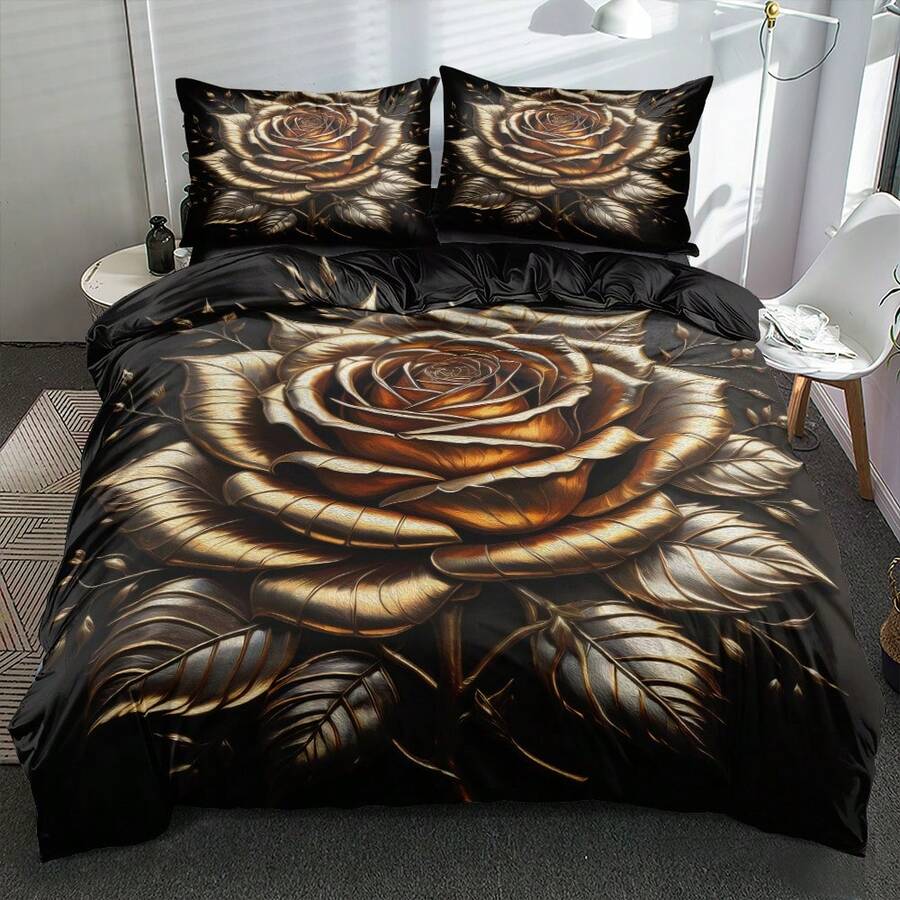2/3pcs Set Sprei Duvet Cetak 3D Mawar Metalik Hitam & Emas, Dasar Hitam dengan Pola Timbul Metalik Kelopak Gradien Emas, Set Perlengkapan Tidur Mewah & Nyaman (Termasuk 1 Sarung Bantal, Ukuran 135x200cm) - MultiWarna - View 1
